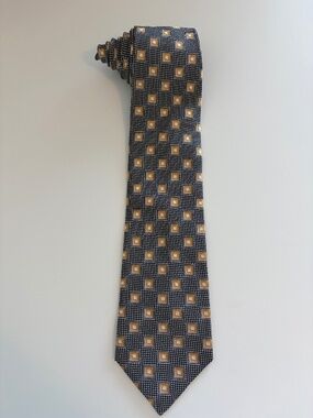 Domenico Franco Italia Hand Finished Italian Silk Tie Navy Gold Geometric 4"